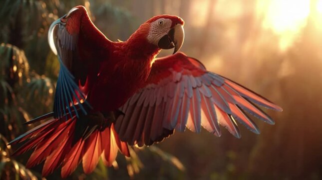 A vibrant red macaw in mid-flight, spreading its colorful wings widely, suitable for various design uses, set against a blurred tropical background with warm sunlight.
