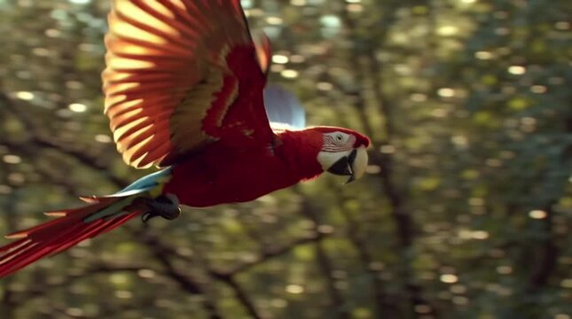 A vibrant red macaw in flight, showcasing its colorful wings and white face patch, suitable for nature and wildlife themes, against a blurred green forest background with natural light.