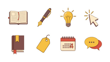 Colorful flat design icons: book, pen, light bulb, cursor, notebook, tag, calendar, speech bubbles