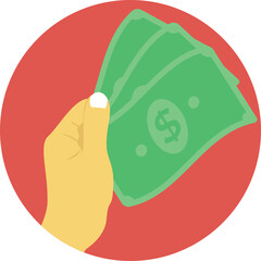 Hand Holding Green Banknotes with Dollar Sign and Red Circular Background Flat Illustration