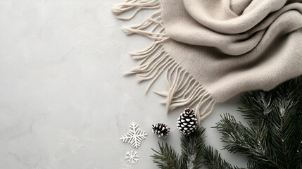 Cozy Winter Flat Lay with Pinecones and Blanket
