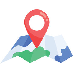 Red Map Pin Marker Icon on Folded Paper Map with Green and Blue Mountains and White Snow Background Isolated on Transparent Background