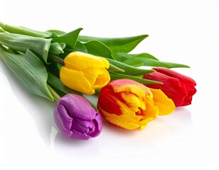 Fototapeta premium bunch of fresh yellow, purple and red tulips close up isolated on white background 