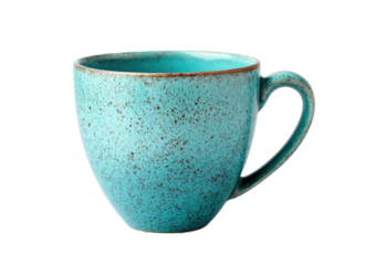 Mottled turquoise ceramic mug, textured surface, rounded form
