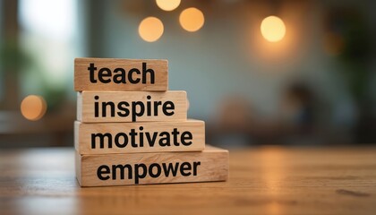 Wooden blocks stack with words teach, inspire, motivate, empower. These concepts represent personal growth and development journey. Encouraging someone to reach their full potential and achieve goals.