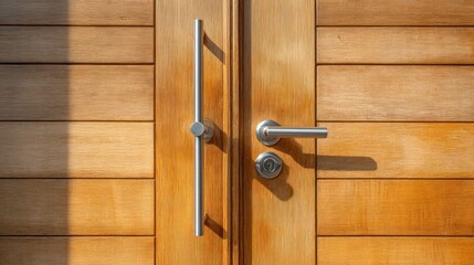 Close-up of a natural wooden door, horizontally paneled, with gleaming silver door handles and a keyhole, partially lit