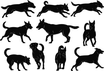 Multiple dog silhouettes in various running and standing poses, domestic canine vector graphic collection, playful active pet animal illustration artwork