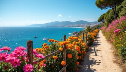 Scenic coastal path lined with vibrant marigolds and pink flowers, overlooking blue ocean and distant Spanish town. Sunny day invites peaceful walk with sea breeze.