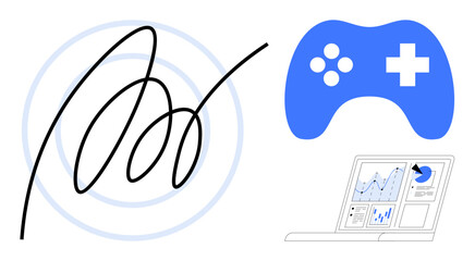 Abstract signature with concentric circles, blue gaming controller, and data charts on a laptop screen. Ideal for technology, creativity, gaming, analytics, innovation, digital art modern concepts