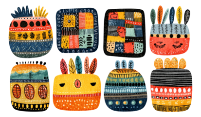 Colorful Folk Art Illustration Featuring Abstract Mosaic Patterns and Designs