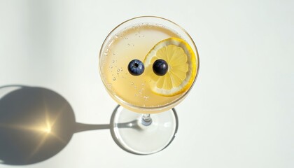 Fresh sparkling cocktail drink garnished with lemon slice, two blueberries sits on clean white table. Pale yellow beverage many tiny bubbles. Bright sunlight creates long sharp shadow with starburst