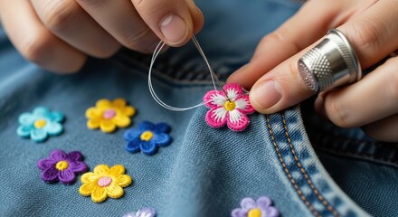 Close up of hands sewing colorful small fabric flower embellishments onto a blue denim fabric with a needle and thread