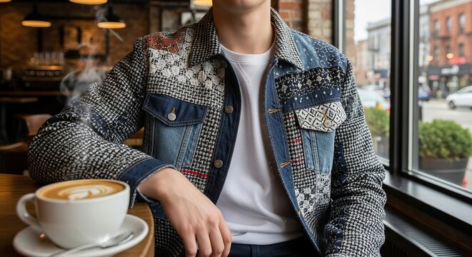 Stylish young man wearing a unique patchwork denim jacket while enjoying a latte in a cozy coffee shop with urban background