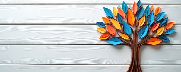 Paper tree grows on white wood table. Tree leaves are orange blue and yellow. Symbolizes learning education knowledge success. Flat lay mockup for literacy posters or eco projects art.