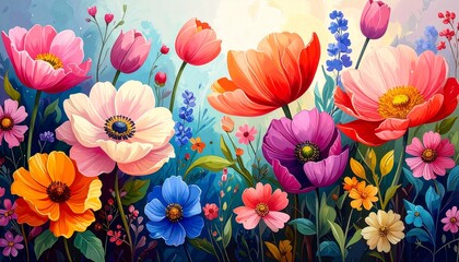 Spring flowers. 8 March, womens day, mother's day holiday card. Bright colorful botan