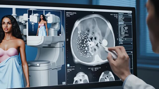 A professional woman in a blue dress attentively reviews MRI images on her computer screen as she sits in front of it, embodying dedication to technological innovation and data analysis.