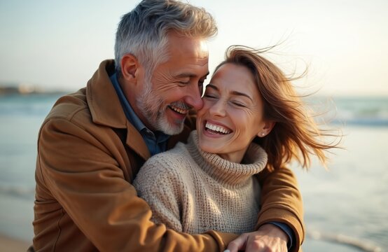 Mature couple in love hugs on beach. Happy senior man with grey beard, smiling woman laugh together. Joyful partners enjoy romantic vacation by sea. Spouses share tender moment on travel adventure,