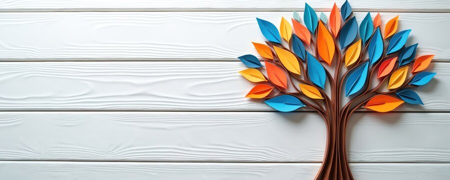Paper tree grows on white wood table. Tree leaves are orange blue and yellow. Symbolizes learning education knowledge success. Flat lay mockup for literacy posters or eco projects art.