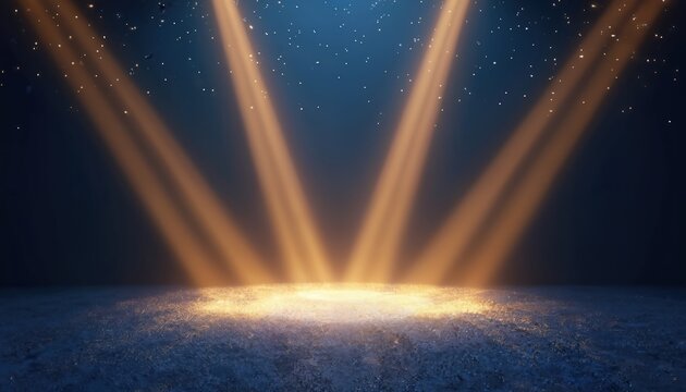 Abstract dark blue stage with textured floor. Golden spotlights shine down, illuminating sparkling glitter dust within bright beams. Premium glamour background template suits award ceremonies, show
