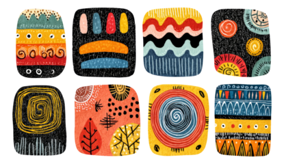 Ancient Folk Symbol Engravings and Plates Illustration with Colorful Designs