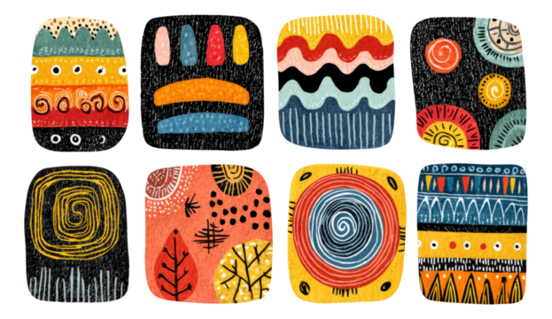 Ancient Folk Symbol Engravings and Plates Illustration with Colorful Designs