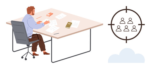 Man sitting at desk with papers and books, analyzing work. Seen with targeting scope and team figures. Ideal for business strategy, analysis, teamwork, leadership, objectives, planning productivity