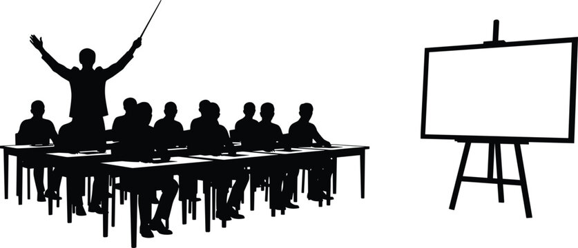 Silhouette vector illustration of teacher conducting lecture with seated students, classroom education scene, training presentation concept, academic teaching environment displayed with blank board