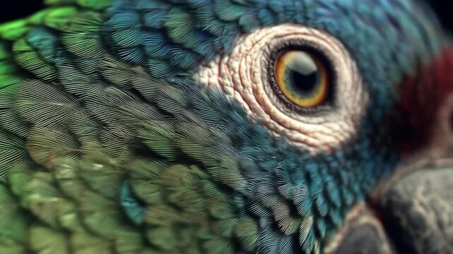 Detailed close up of a parrots eye and beak against a dark background