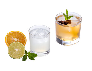 Fototapeta premium A refreshing citrus cocktail garnished with mint and chocolate pieces alongside fresh citrus slices and a glass of clear beverage