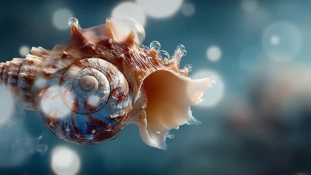 Detailed close up of a seashell with water droplets and blurred background