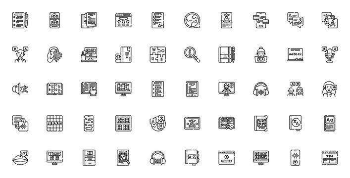 Language Learning icon set. Vector illustration. Incudes symbols for translatin, dictionary, online lessn, exam, books, flashcards certificate and more. Ediable stroke.