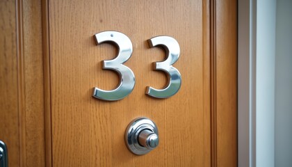 Modern chrome number 33 attached to light brown wooden front door. Below shiny metallic doorbell button. Detail shows contemporary house entrance address sign, clean, well kept residential building.