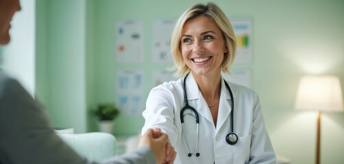 Smiling woman doctor in white coat shakes patient hand. Medical professional meets client for checkup. Successful consultation, agreement, appointment, wellness, health.