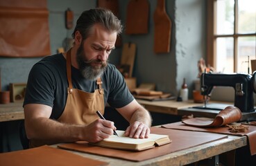 Man works in leather workshop. Craftsman writes to notebook. Male master makes notes on table with tools. Person creates handmade items at shop. Small business owner planning work process.