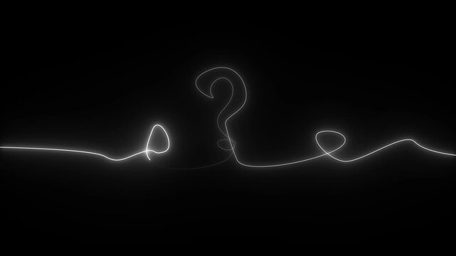 Bright White Neon Question Mark Symbol on Black Background with Wavy Line glowing