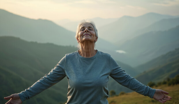 Grey haired older woman takes deep mindful breaths. Stands with arms spread wide, eyes closed, smiling peacefully. Senior lady enjoys serene outdoor moment at sunrise on mountain hill, with hazy sky, - Powered by Adobe
