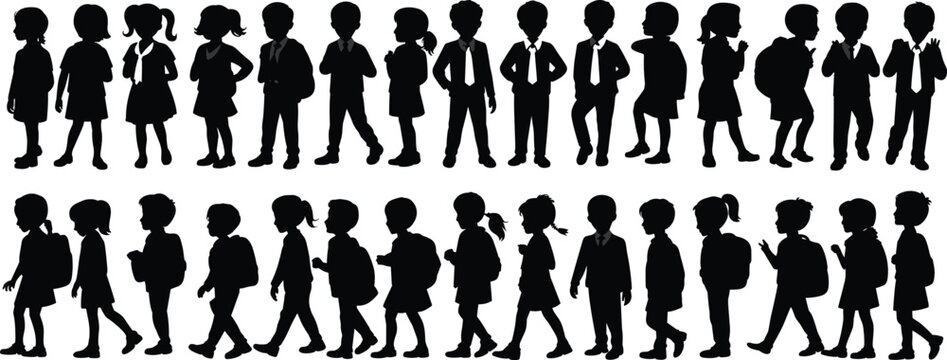 Silhouette of school children standing, walking, wearing uniforms, backpacks, boys and girls illustration vector, student group clipart for education design - Powered by Adobe