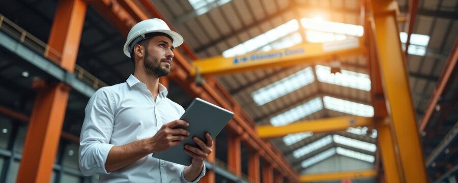 Engineer in hard hat uses tablet computer inside industrial factory. Man works on project planning overseeing production. Pro checks data on digital device.