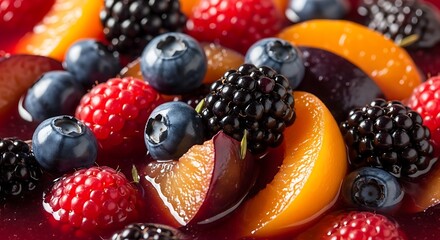 Close-up shot of a vibrant fruit salad featuring a variety of fresh berries and peach slices.
