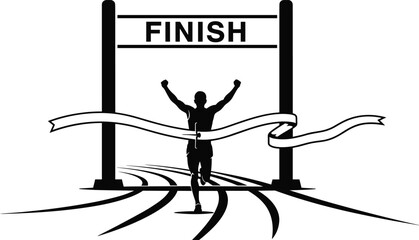 Silhouette runner crossing finish line with broken ribbon, dynamic race track illustration, competitive sports victory moment, motivational athletic success vector design