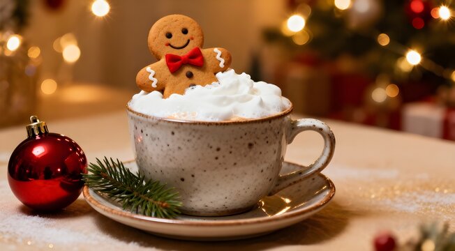 Gingerbread cookie man with a hot chocolate for Christmas. Traditional holiday symbol. Christmas holiday background.