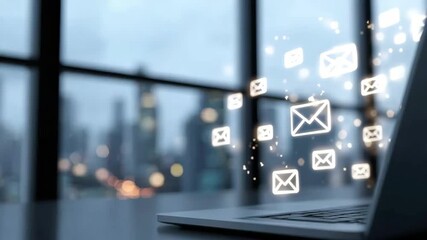 Generative AI. Laptop on a desk with glowing email icons floating above, showcasing digital communication in a modern workspace with a city skyline in the background - Powered by Adobe