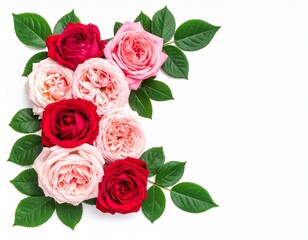 Obraz premium Red and pink rose flowers with green leaves in a corner arrangement isolated on white
