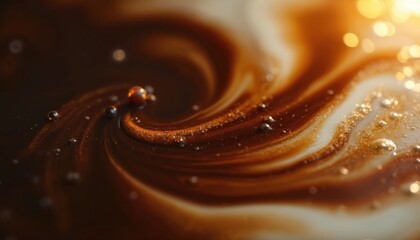 Cream mixes into coffee forming abstract swirls and patterns. Bubbles and golden light reflect on the liquid surface creating an artistic texture.