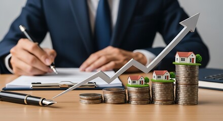Real estate investment soaring high, financial growth opportunity with rising property values, investor signing papers for lucrative housing market gains