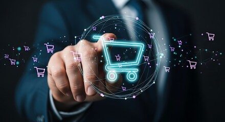 Click to buy now with intuitive technology transforming shopping experience with a man's touch, envision seamless e-commerce and vibrant digital sales