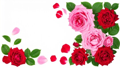 Red and pink rose flowers with green leaves in a corner arrangement isolated on white