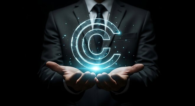 Secure your creative work with copyright protection presented by a professional businessman in a suit, safeguarding intellectual property rights online
