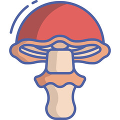Fototapeta premium Red Mushroom Icon With White Gills And Brown Stem And Blue Outline On Transparent Background