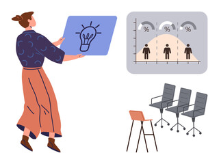 Woman holding a blueprint with a light bulb, representing ideas, alongside a graph with demographic data and three office chairs. Ideal for creativity, analysis, teamwork, organization, innovation